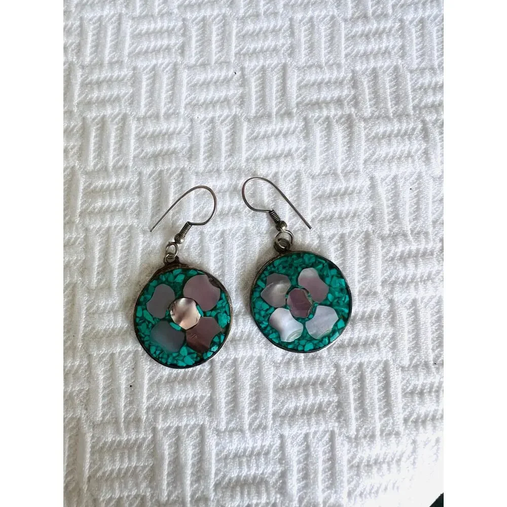Vintage Mexican Alpaca Earrings Turquoise Abalone Inlay Round Floral Design - Picture 5 of 6